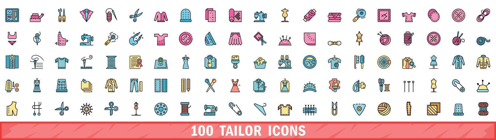 100 tailor icons set, color line style vector