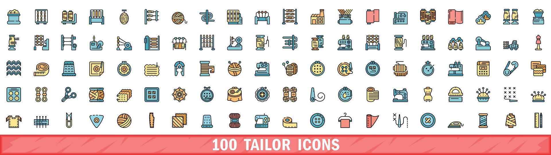 100 tailor icons set, color line style vector