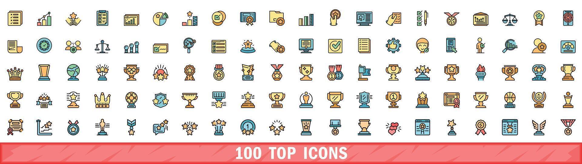 100 top icons set, color line style vector