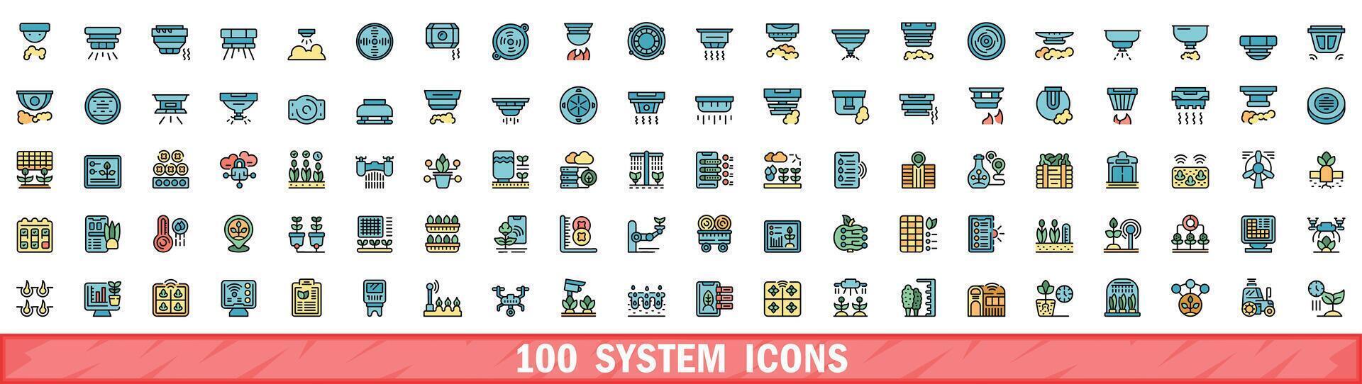 100 system icons set, color line style vector