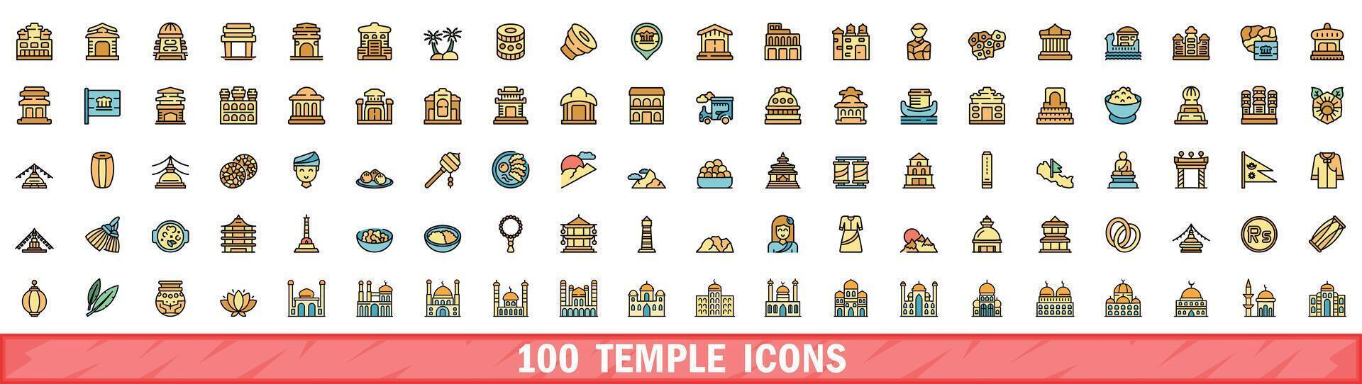 100 temple icons set, color line style vector