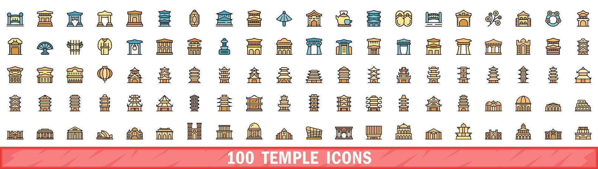 100 temple icons set, color line style vector