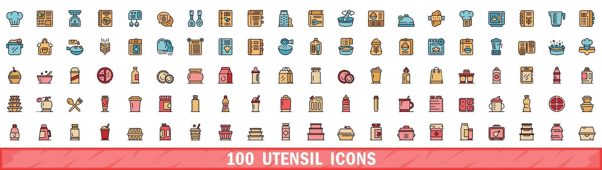 100 utensil icons set, color line style vector