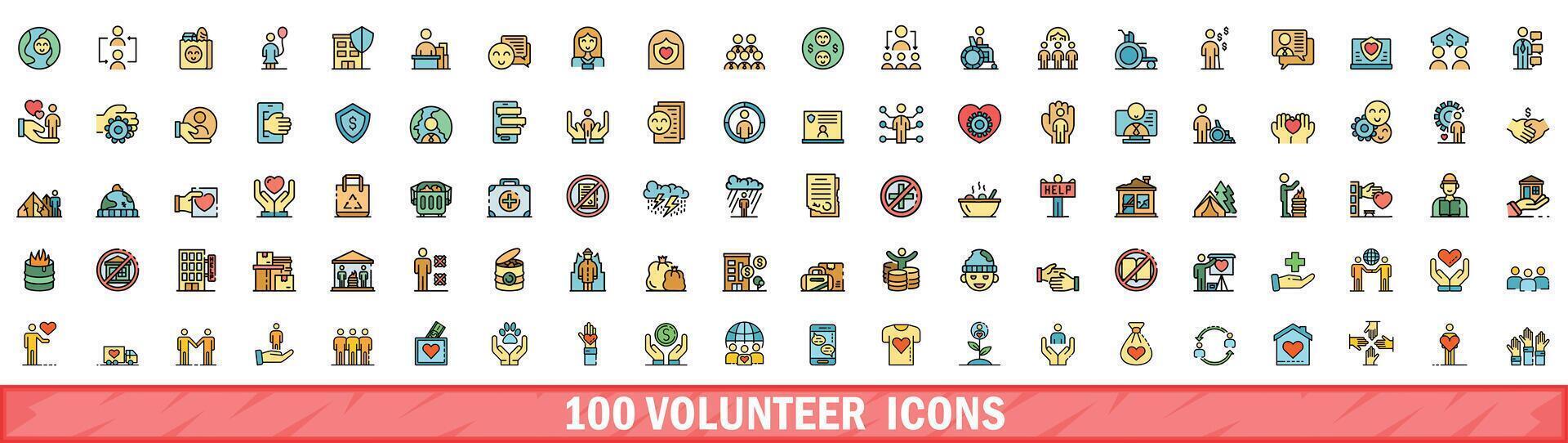 100 volunteer icons set, color line style vector