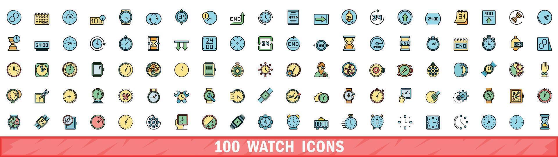 100 watch icons set, color line style vector