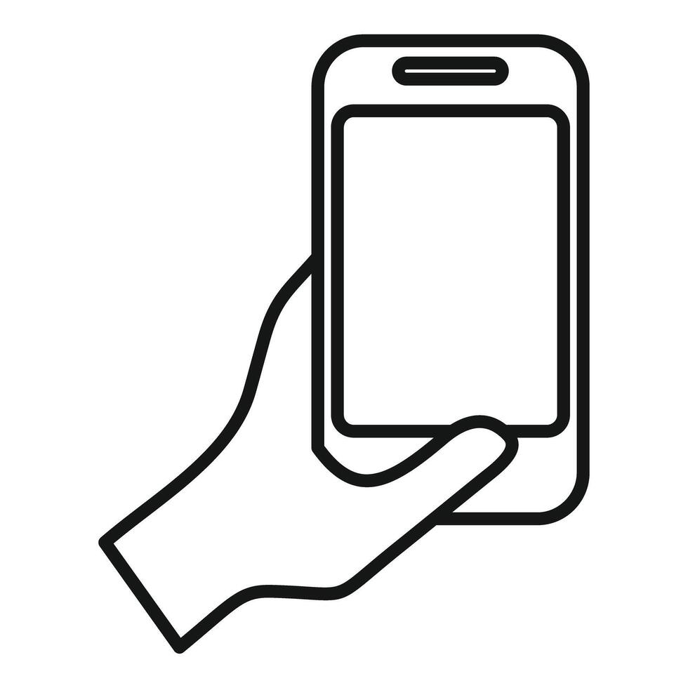 Hand holding smartphone outline icon vector