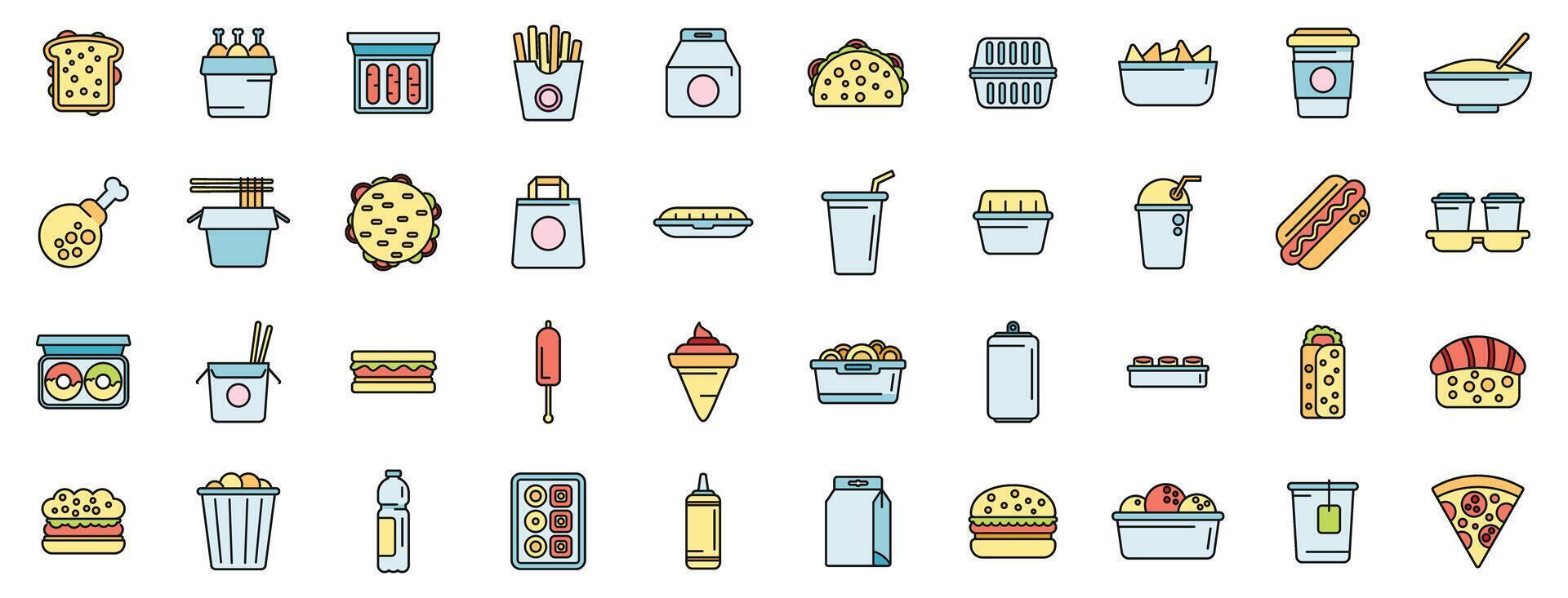 Take away food and drinks icons set color line vector