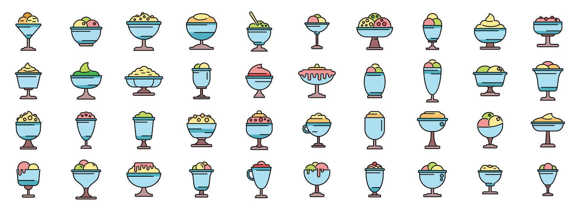 Gelato bowl icons set color line vector