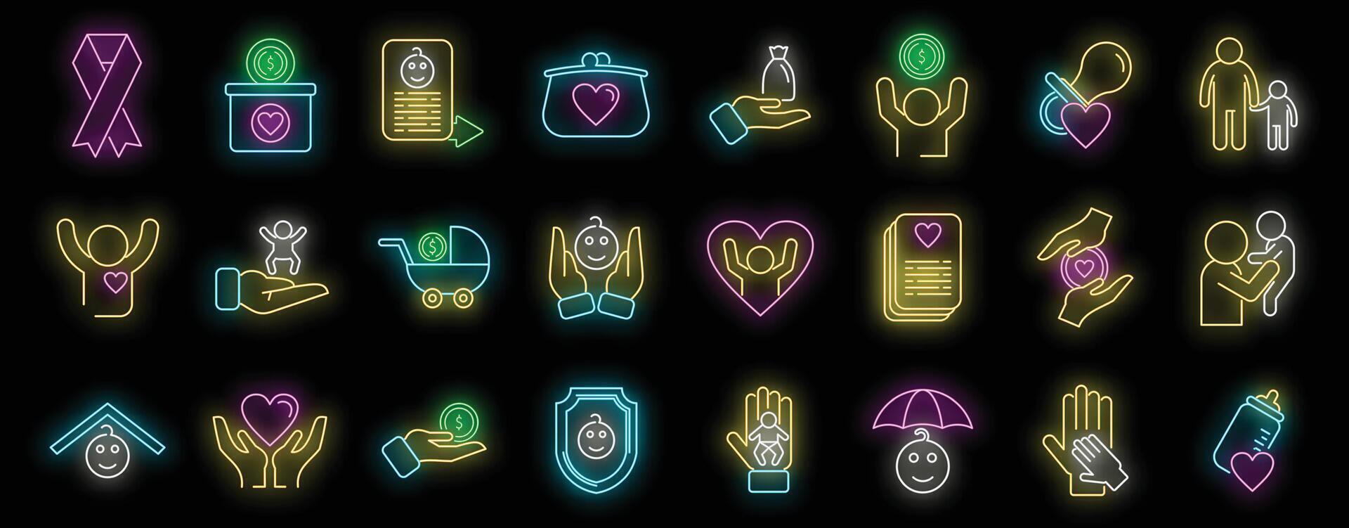 Child support icons set neon vector
