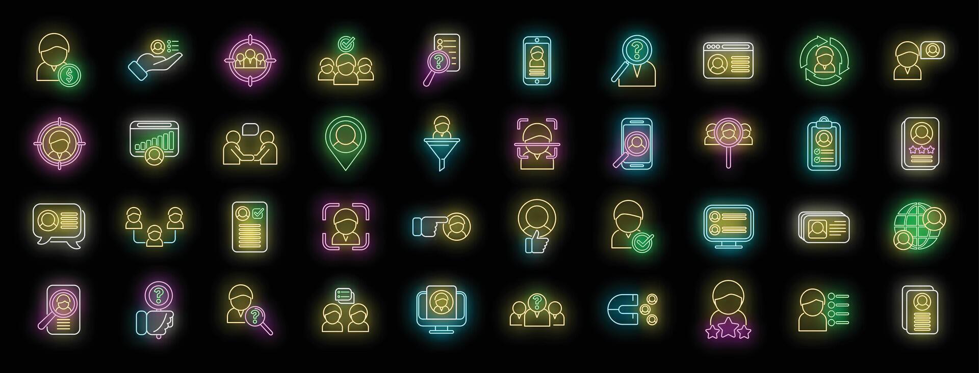 Know your client icons set neon vector