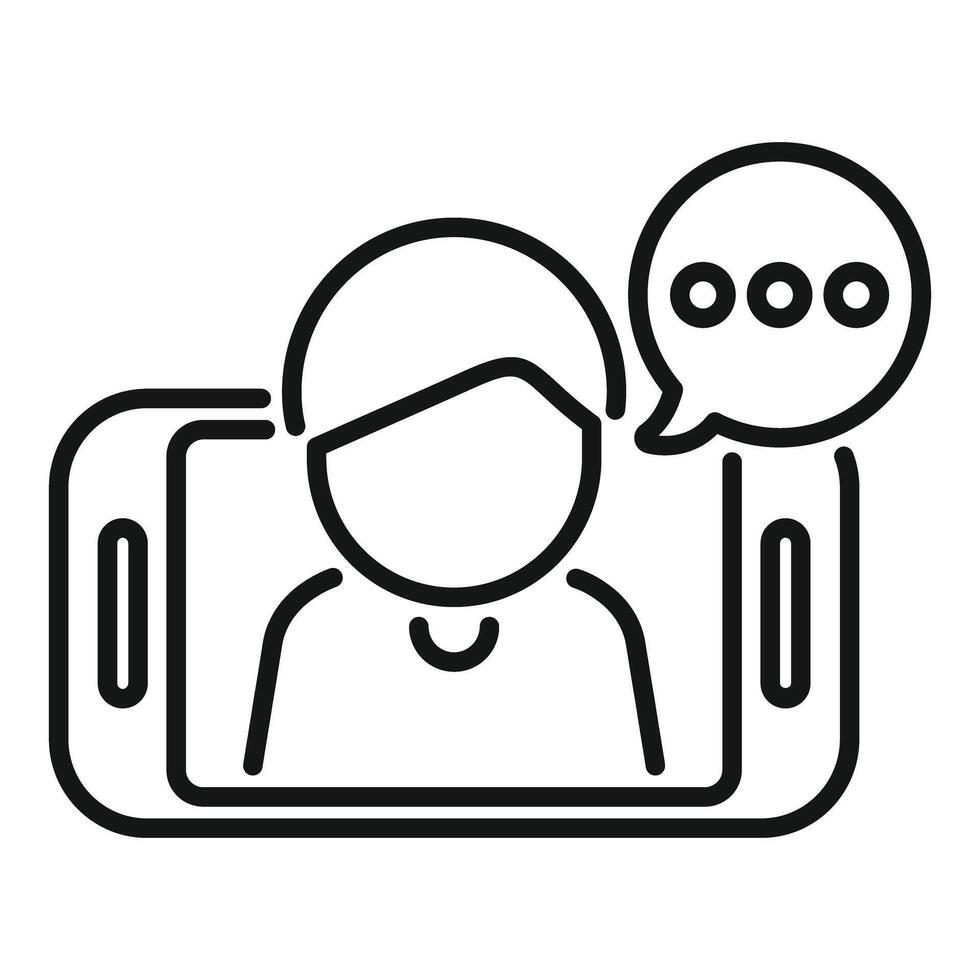 Black line icon representing a person on a call with a speech bubble vector
