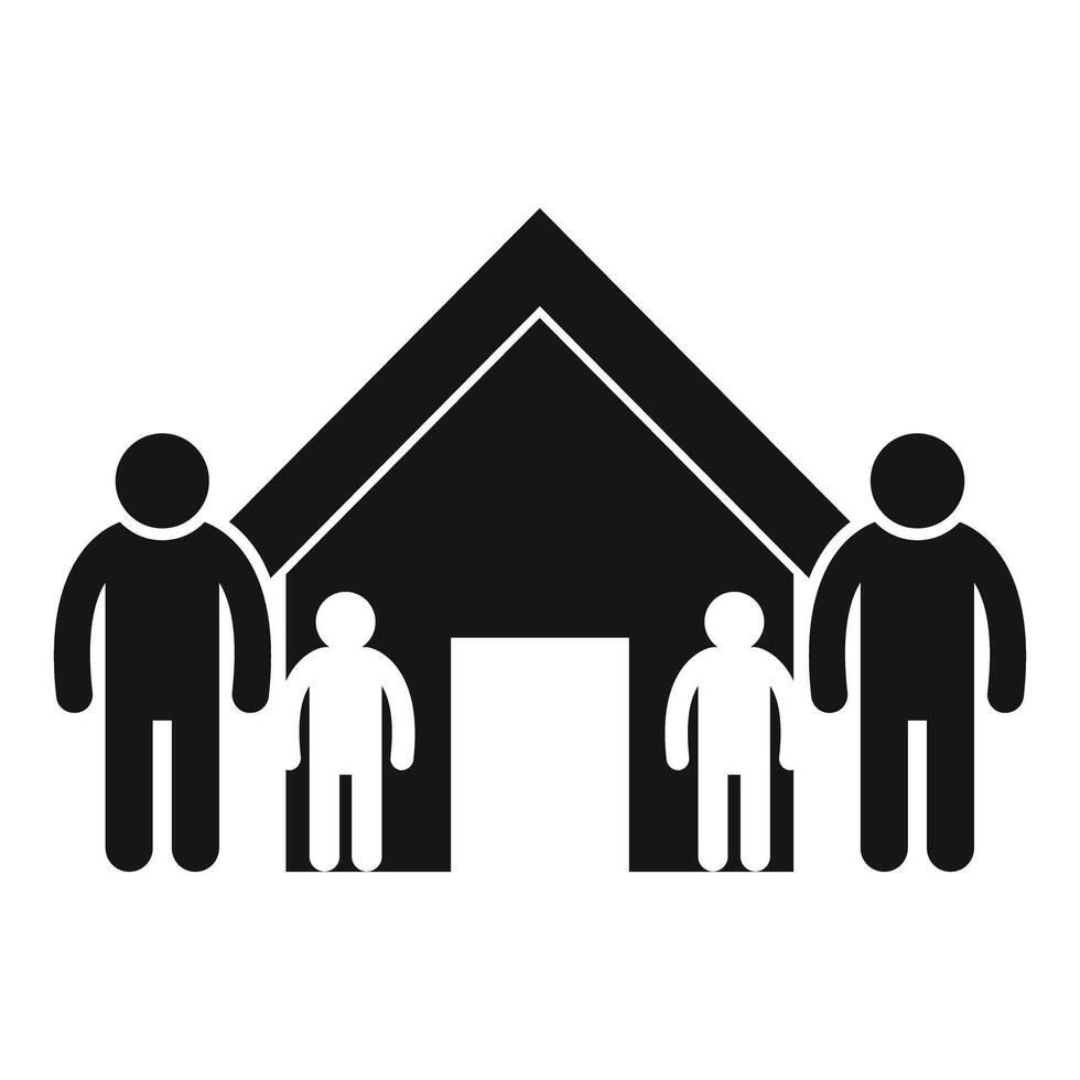 Family of four standing outside their house icon vector