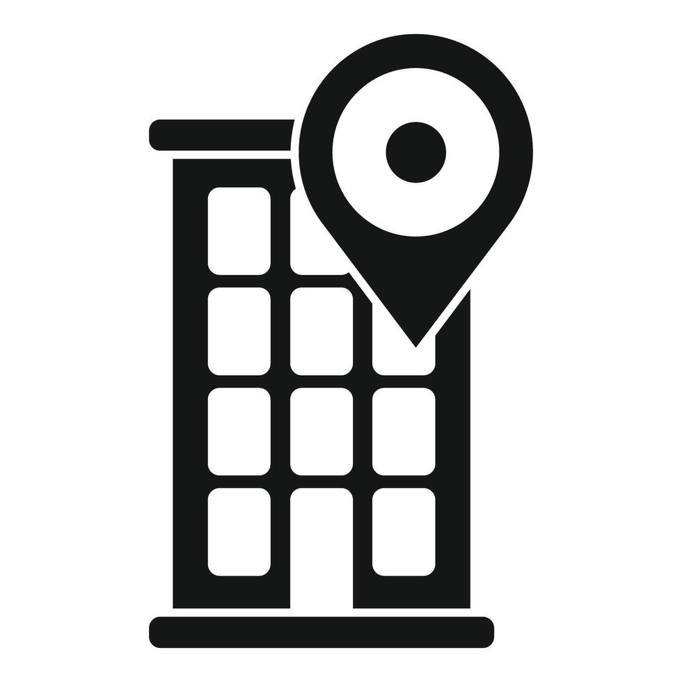 Black location pin icon pointing at office building vector