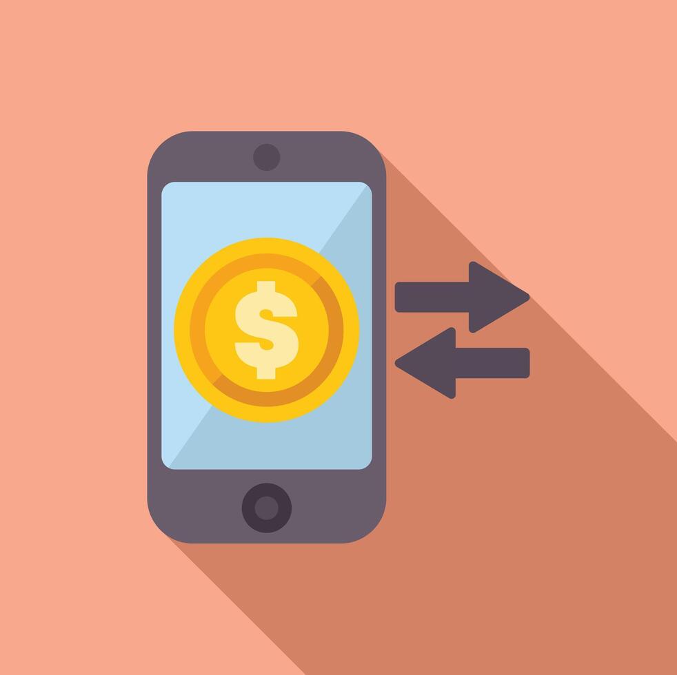 Mobile phone displaying money transfer with arrows on pink background vector