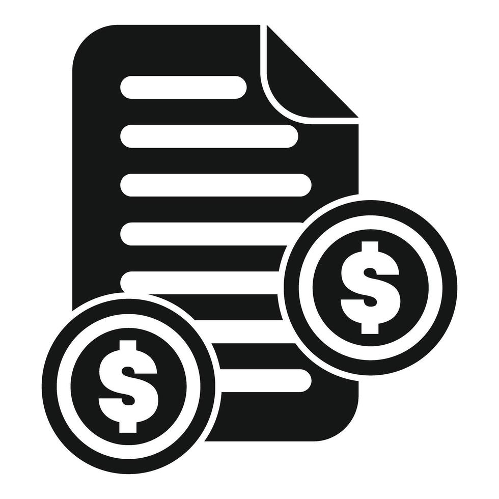 Black and white icon of an invoice being paid with two dollar coins vector