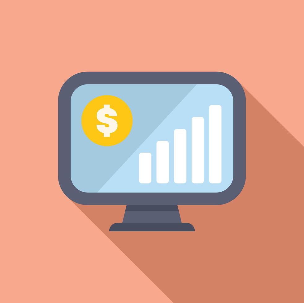 Computer monitor showing growing statistics chart with dollar coin vector