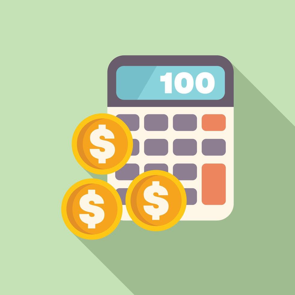Calculator showing number one hundred on display with three gold coins displaying dollar sign vector