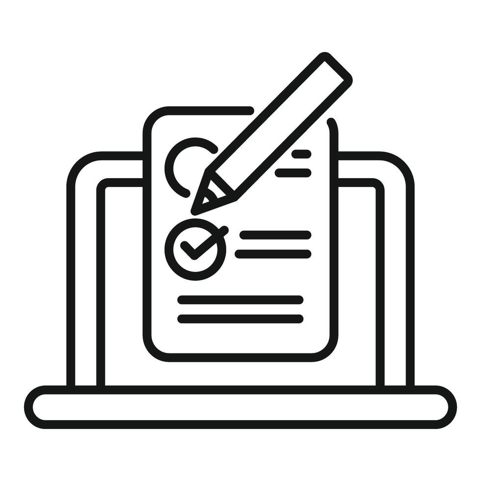 Online survey being filled out on laptop with checkmark and pencil vector