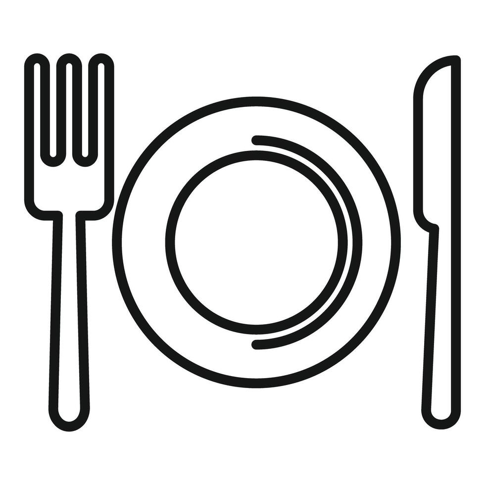 Minimalist line art icon of an empty plate with fork and knife representing dining vector