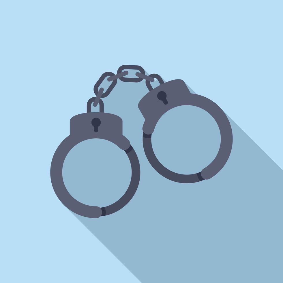 Pair of metal handcuffs restraining with chain on blue background vector