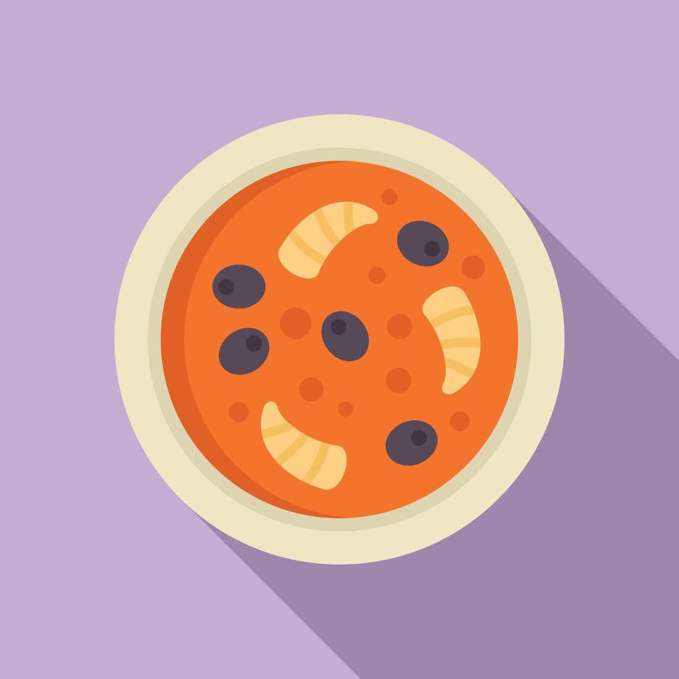 Bowl containing steaming hot tomato soup with black olives and noodles vector