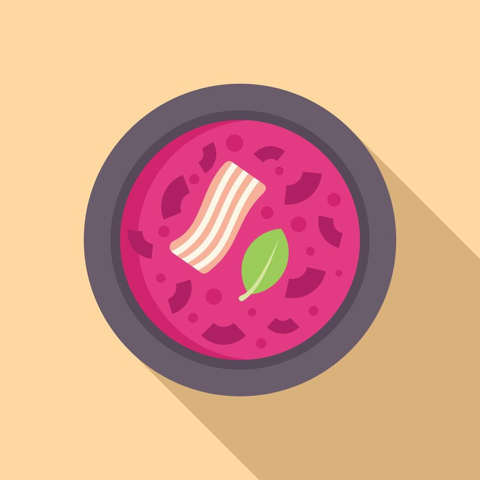 Bowl containing steaming hot pink soup garnished with bacon and basil vector