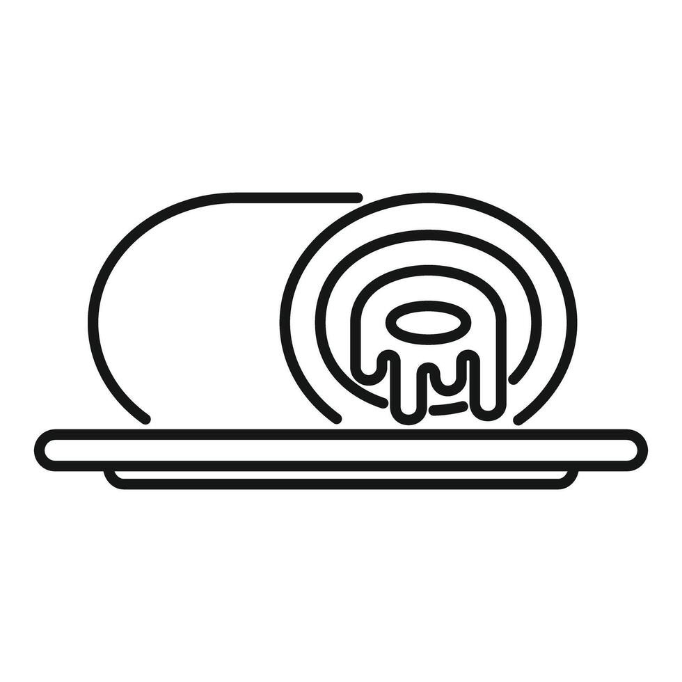 Swiss roll cake is dripping cream on plate line icon vector