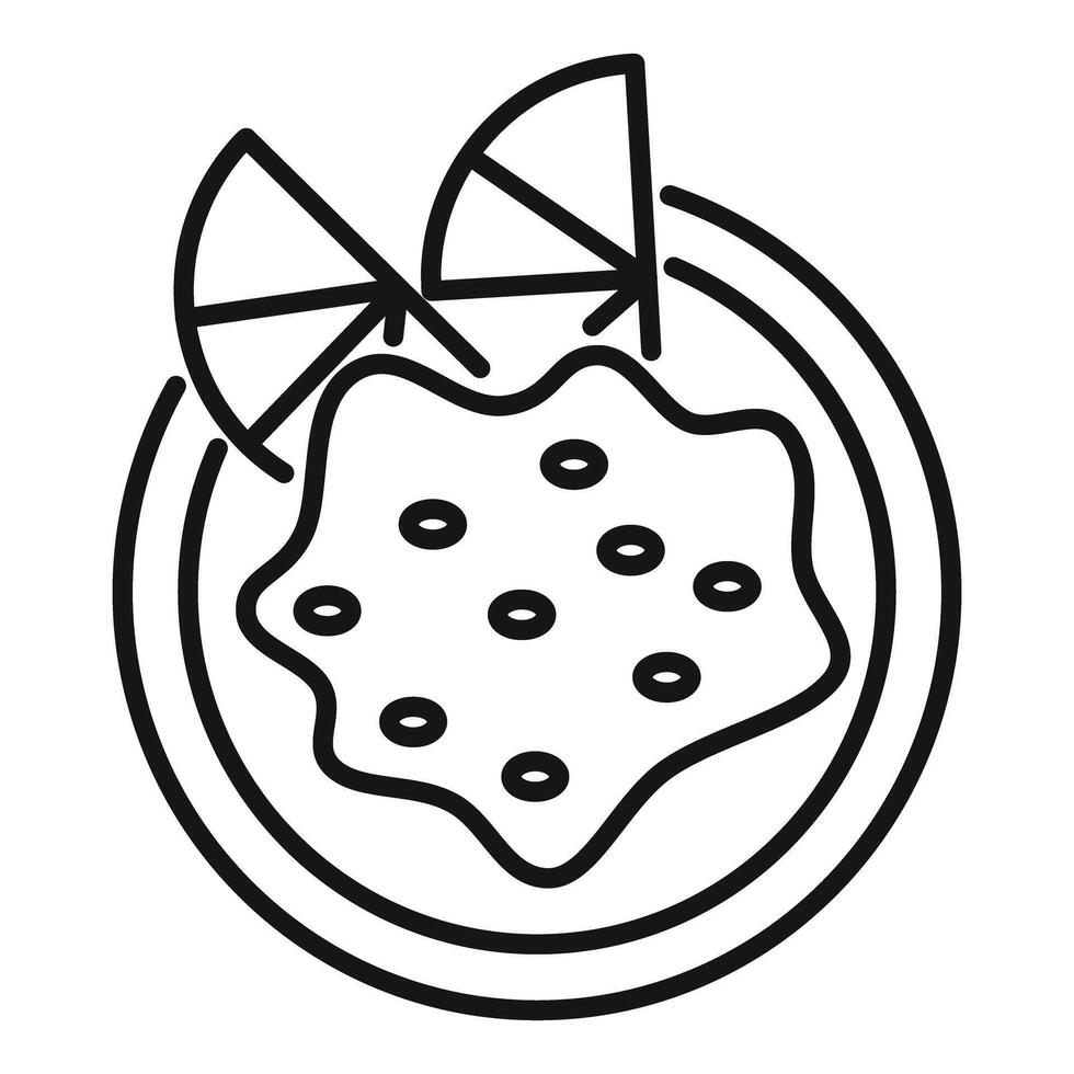 Delicious pudding with fruits on top, line art icon design vector