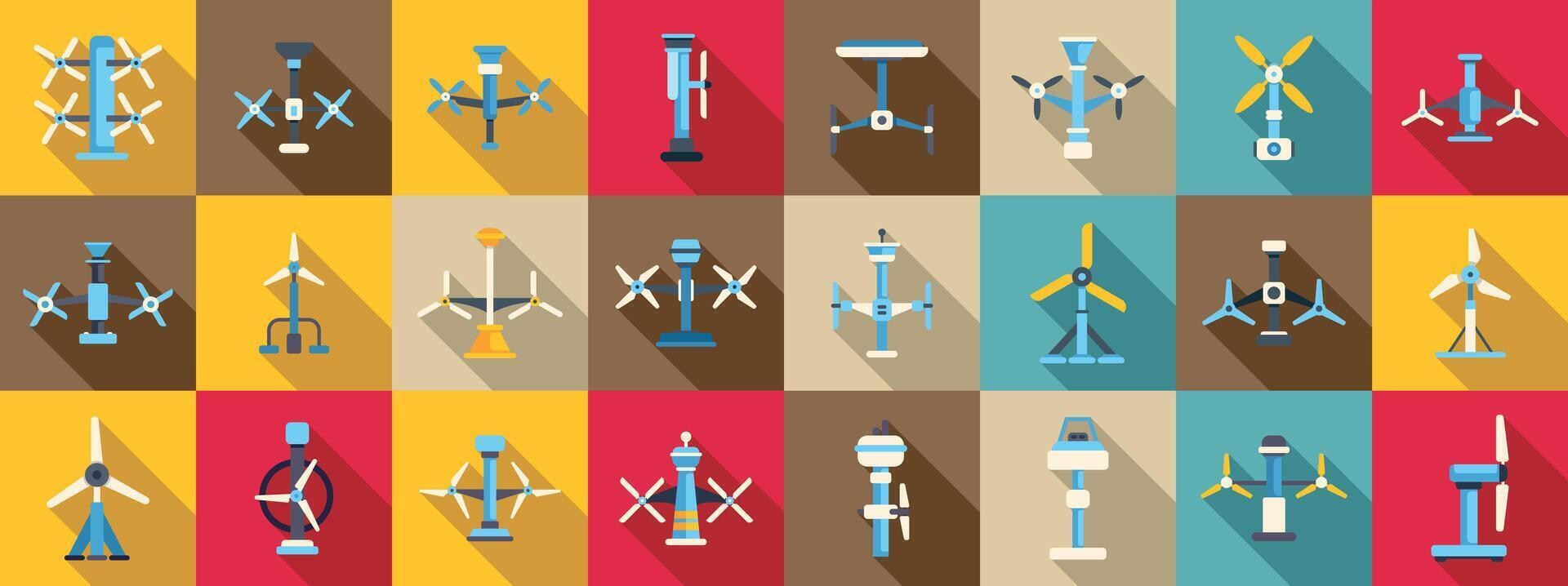 tidal energy icons set. Different modern wind turbines converting wind energy into electricity vector