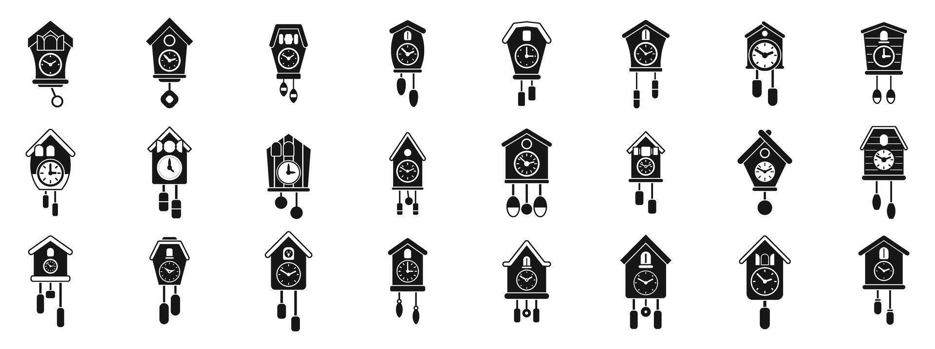 Cuckoo Clock icons set. Set of cuckoo clocks telling time with pendulums and weights vector