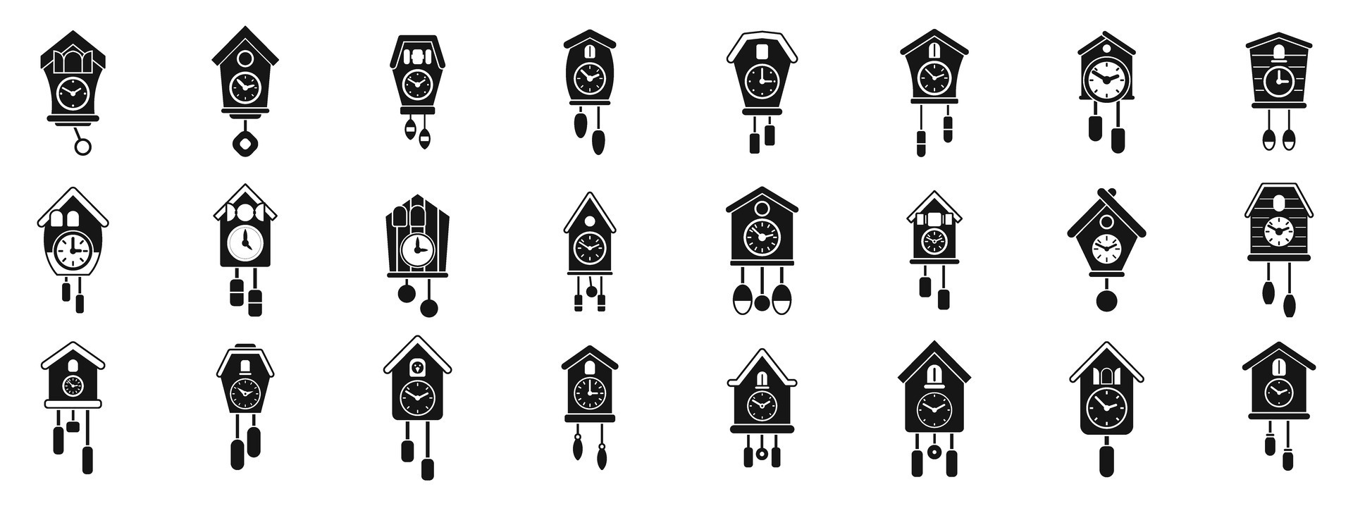 Cuckoo Clock icons set. Set of cuckoo clocks telling time with