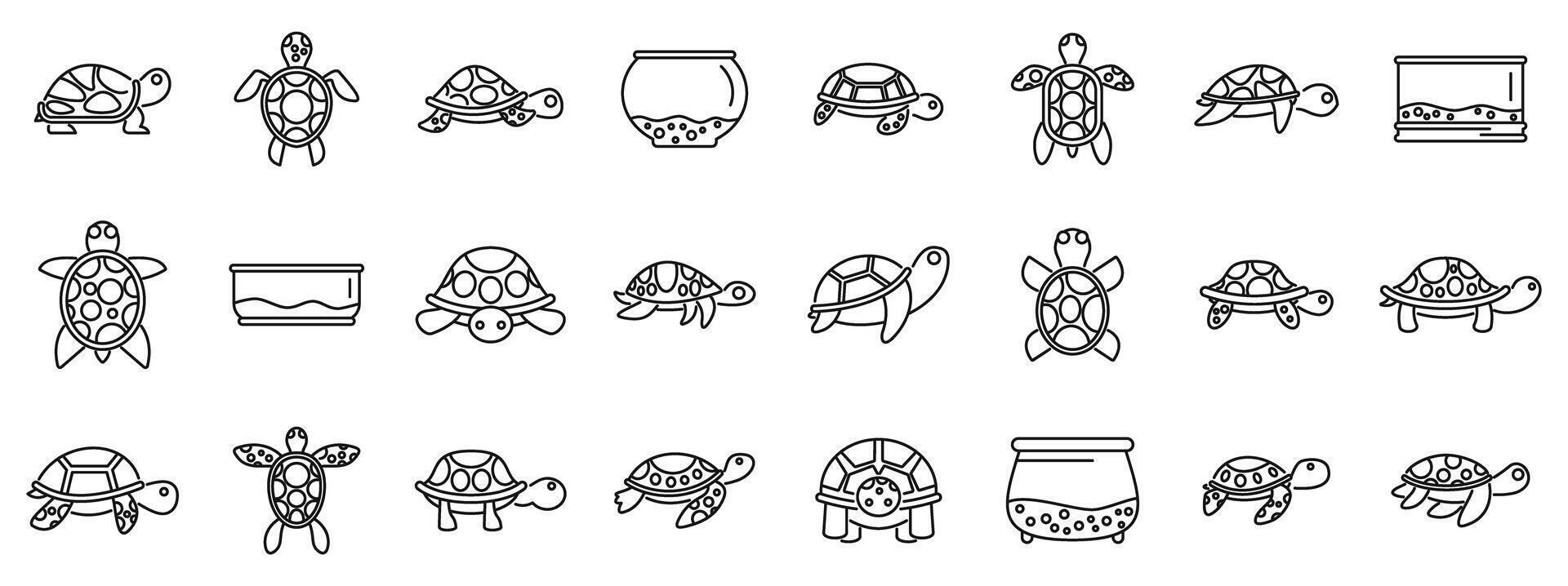 turtle pet icons set. Set of various turtle poses crawling and swimming line art icons vector