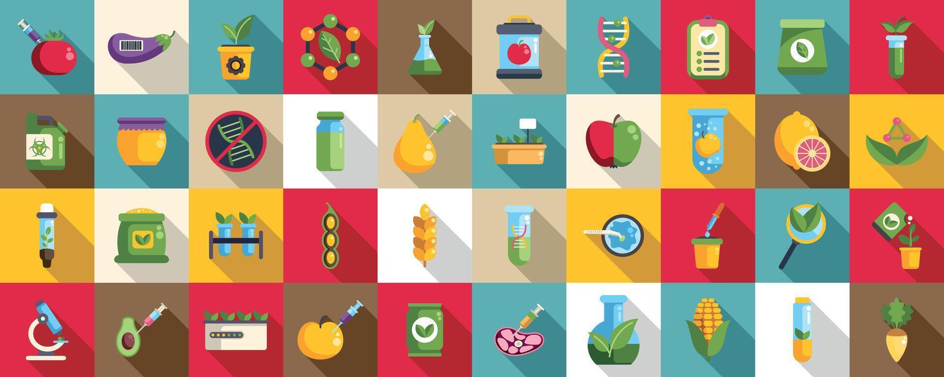 genetic modification in agriculture icons set. Scientists modifying crops and fruits using genetic engineering to improve flavor and resistance to diseases vector