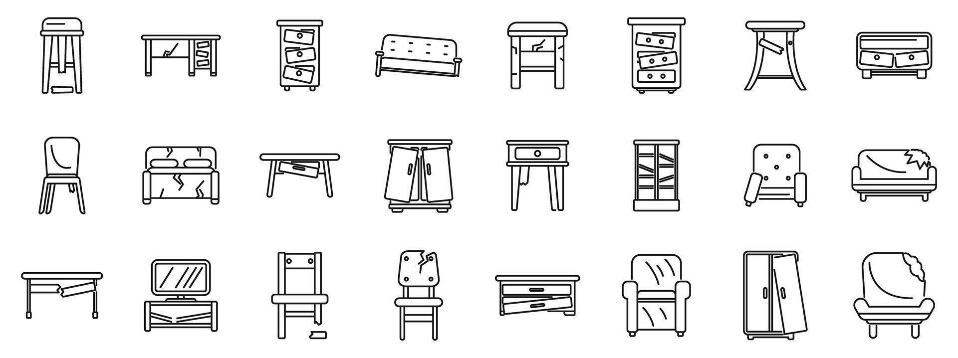 broken furniture icons set. Set of line icons showing different pieces of furniture with varying degrees of damage vector