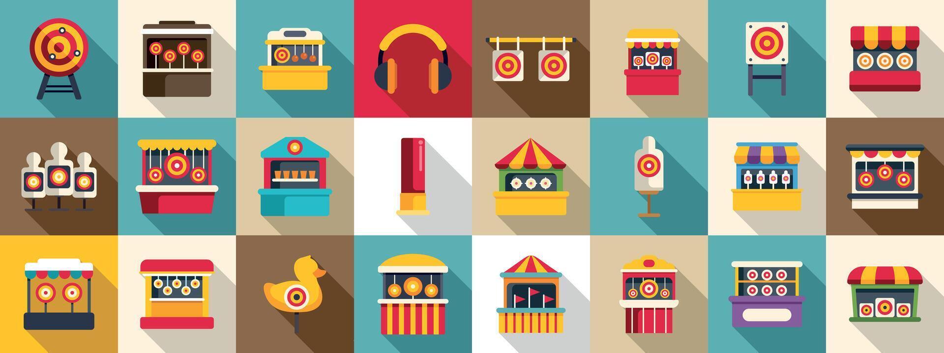 shooting gallery icons set. People having fun shooting with air guns at targets in amusement park shooting gallery stalls vector
