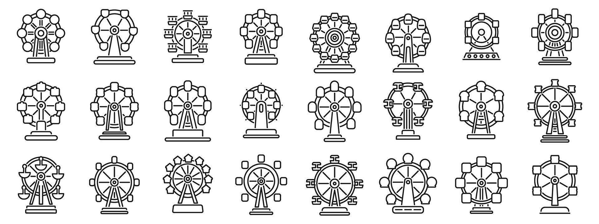 Ferris wheel icons set. Set of simple black and white line art icons of ferris wheels rotating at an amusement park or carnival vector