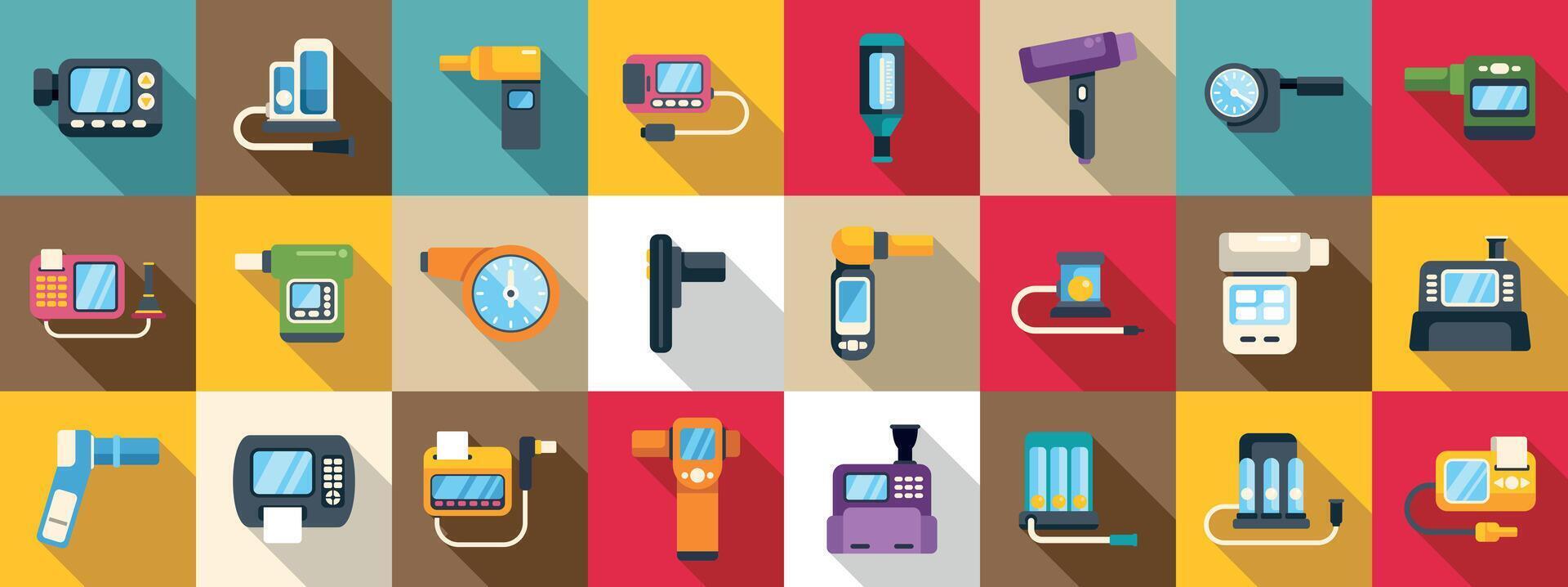 spirometer icons set. Medical equipment collection featuring glucometer, sphygmomanometer, nebulizer, and ultrasound scanner vector