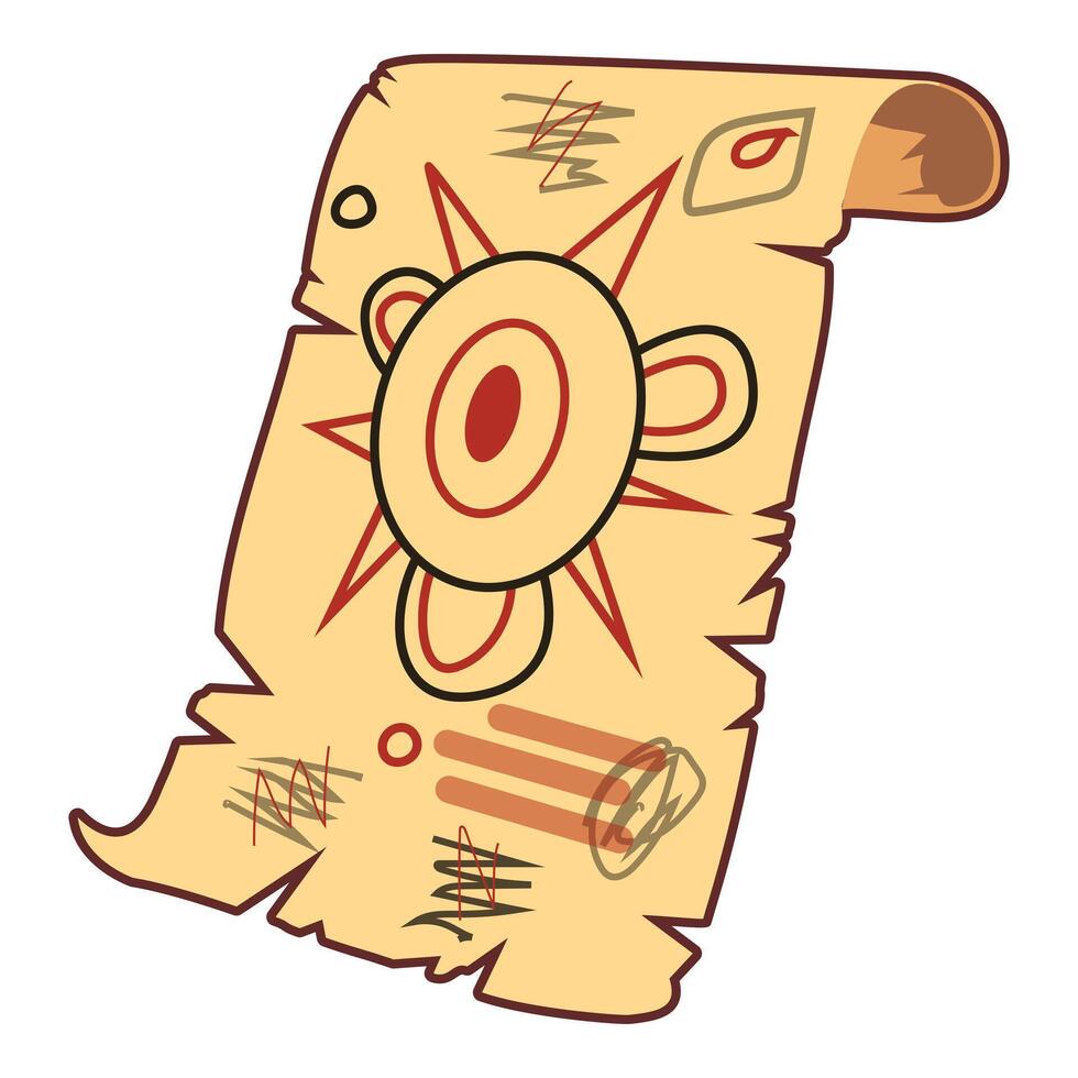 Illustrated ancient treasure map scroll with symbols and path vector