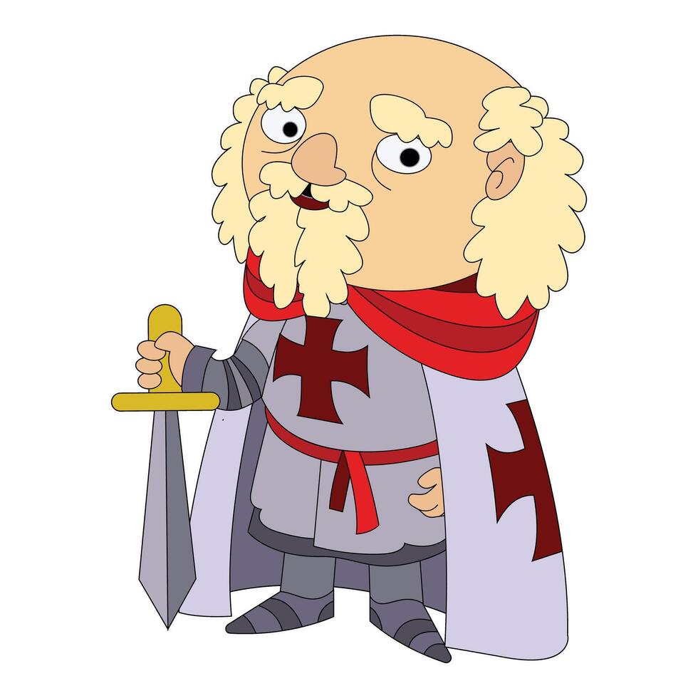 Cartoon templar knight holding sword with red cross on white background vector