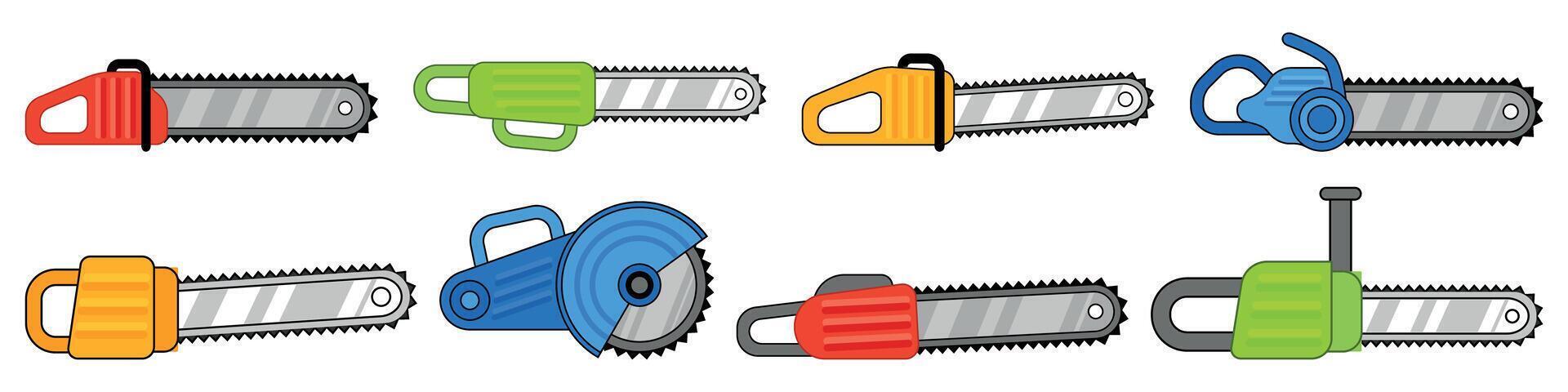 Chainsaw icons set. Set of chainsaws showing different types of electric and gasoline saws for cutting wood vector