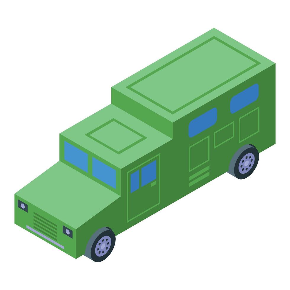 Green armored military vehicle transporting soldiers isometric view vector