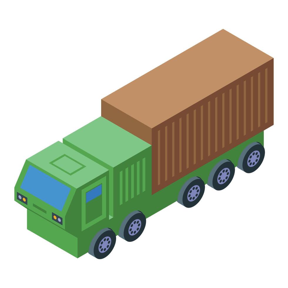 Green military truck transporting cargo container isometric illustration vector