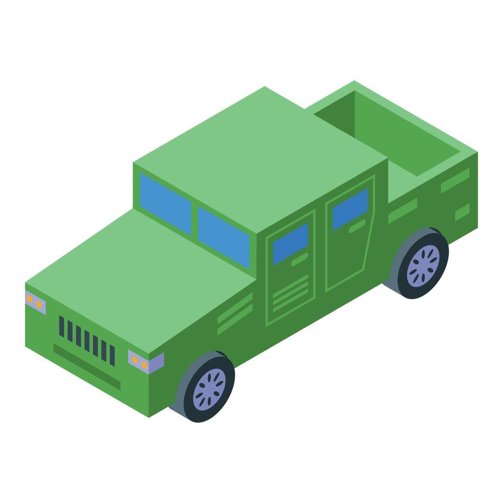 Green isometric military pickup truck parked with open trunk vector