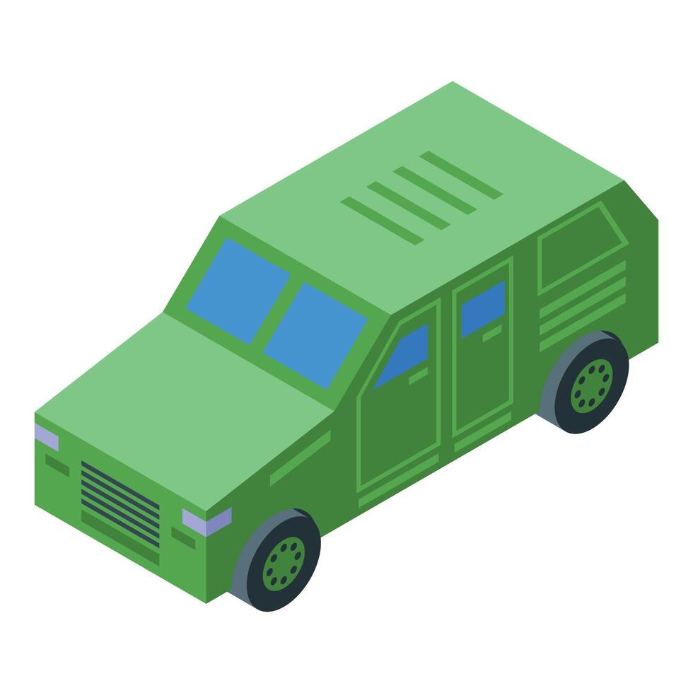 Green military vehicle isometric illustration with doors and windows vector