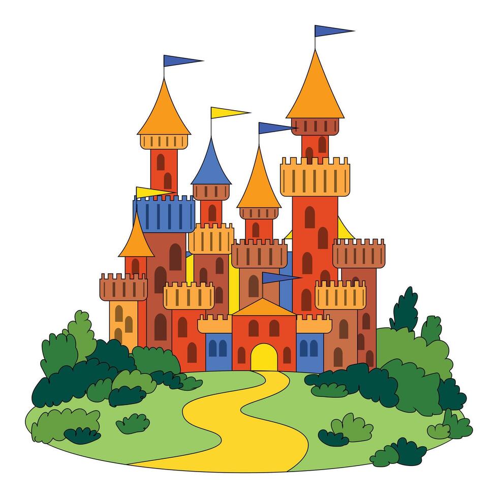 Fairytale castle standing on hill with path leading to entrance vector