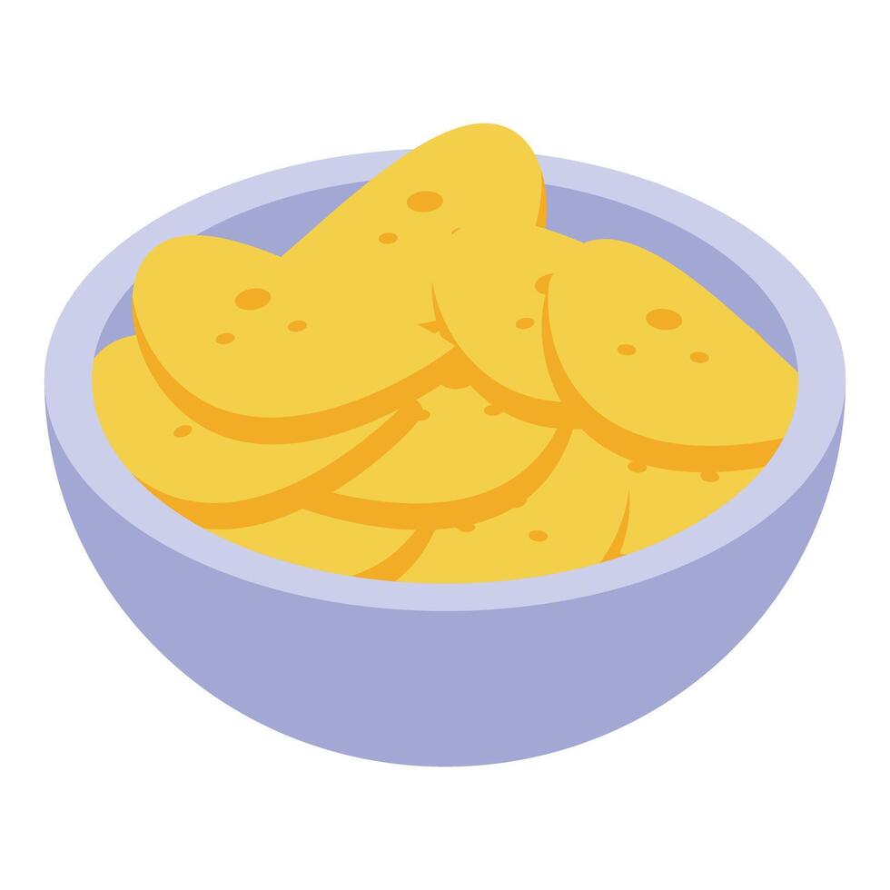 Bowl containing heap of potato chips representing unhealthy eating habits vector