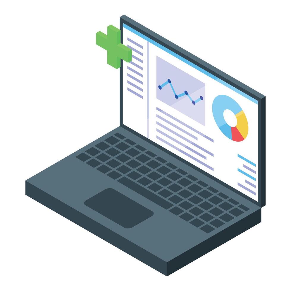 Laptop showing marketing data with green plus sign for adding new information vector
