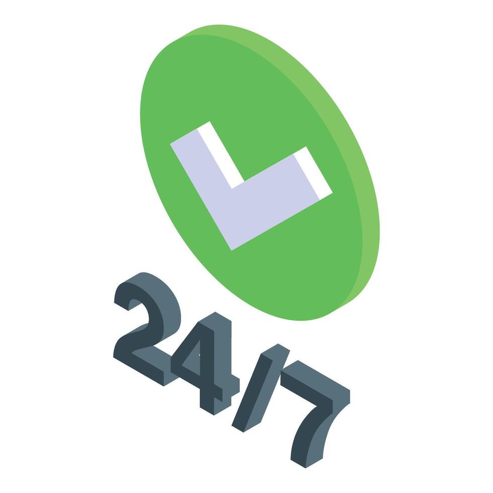 Green check mark floating above the words 247 confirming availability vector