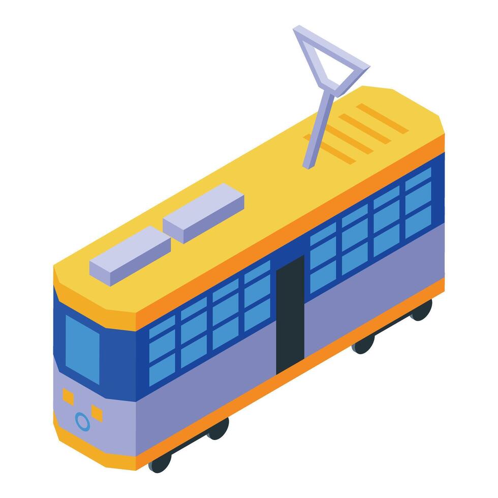 Yellow and blue modern tram running through city center isometric illustration vector