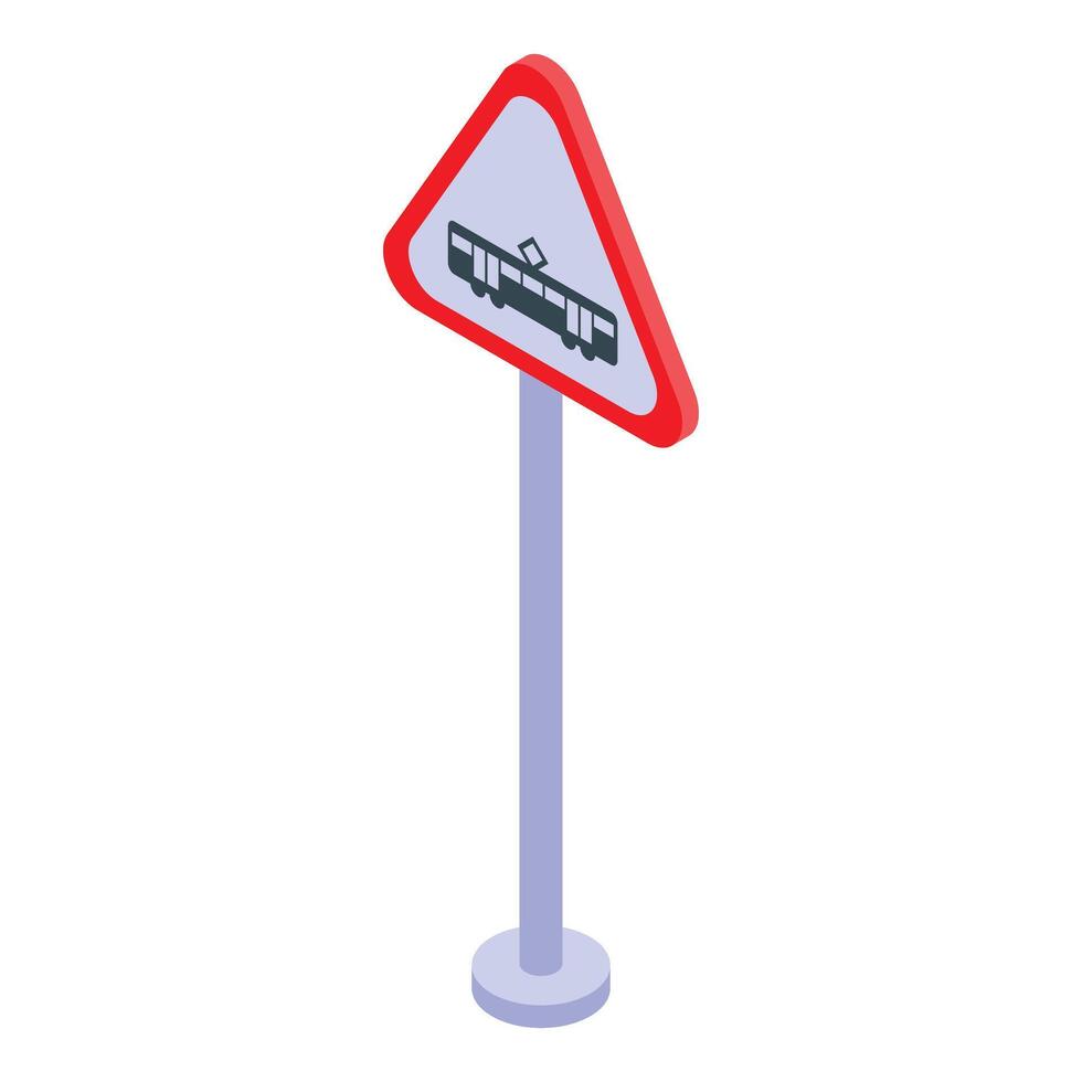 Red triangle road sign showing approaching tram stop area vector